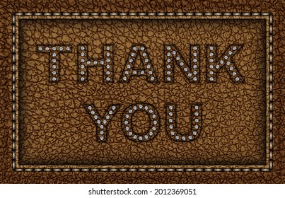 Vector brown leather frame with stitches and THANK YOU lettering with silver sequins
