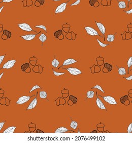 Vector Brown Leaves and nuts seamless background pattern