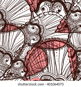 vector brown line and pink spots ethnic petals. Seamless pattern