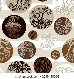 Vector brown of mangrove plants seamless repeat pattern which commonly grows on a tropical beach with round circles 02. Suitable for textile, gift wrap and wallpaper.