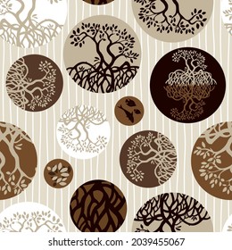 Vector brown of mangrove plants seamless repeat pattern which commonly grows on a tropical beach with round circles 01. Suitable for textile, gift wrap and wallpaper.