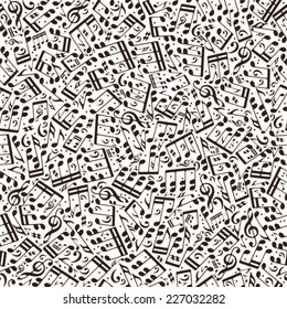 Vector brown monochromatic seamless pattern with musical notes and treble clefs on white background.