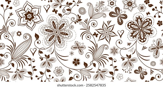 Vector brown monochrome simple seamless doodle floral pattern. Floral organic background with flowers and leaves and butterflies. Transparent background. For textile, wallpaper and packaging.