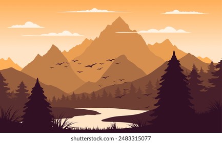 Paisaje montañoso de Vector marrón con cielo limpio, río tranquilo, pájaros volando y siluetas de pinos