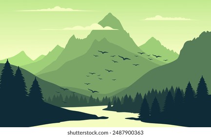 Vector brown mountain landscape with clean sky, calm river, birds flying and pine trees silhouettes