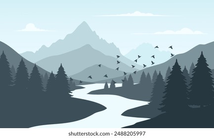 Vector brown mountain landscape with clean sky, calm river, birds flying and pine trees silhouettes
