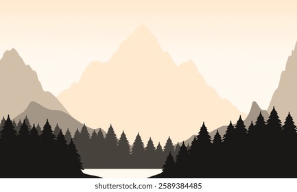 Vector brown mountain landscape with clean sky, calm river and pine trees silhouettes