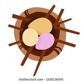 Vector brown nest with three eggs for the Easter party. Pastel colors are suitable for cards, posters, stickers, banners. Element on white background, with small wooden twigs. For children's parties, 