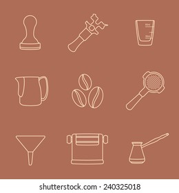 vector brown outline coffee barista equipment icons set tools espresso tamper, coffee wrench, measuring glass, pitcher, coffee beans, filter holder, funnel, knockbox, turk coffee pot 