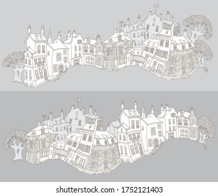 Vector brown outline contoured fantasy landscape, trees, fairy tale small town medieval buildings on a grey background. T shirt print. Adults Coloring Book page 
