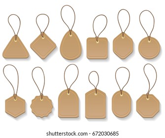 Vector brown paper blank clothing vintage tags. Fashion cardboard hanging labels collection isolated on white background