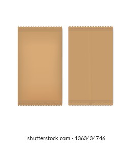 Vector brown paper package for seeds, sugar or spice. Mock up of realistic ecological pack for your design.