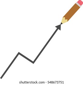 Vector brown pencil drawing black graph arrow pointing up.