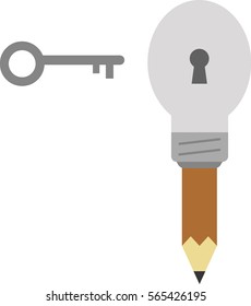 Vector brown pencil with grey light bulb tip and keyhole and grey key.