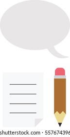Vector brown pencil with lined paper and grey speech bubble.