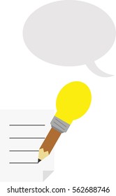 Vector brown pencil with yellow light bulb tip with lined paper and grey speech bubble.