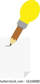 Vector brown pencil with yellow light bulb tip drawing line on paper.