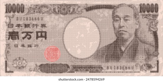 Vektorgrafik Brauner Pixel Halbton Vorderseite einer 10000 japanischen Yen Note. Japan - Banknote, die aus vielen Punkten besteht.