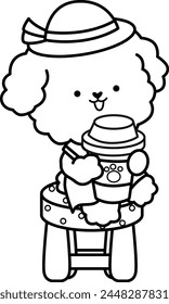 a vector of a brown poodles with a cup of coffee in black and white coloring