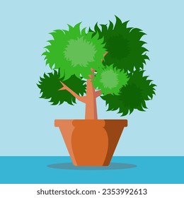 Vector of a Brown pot with tree.  bright green leaves, many shades, with a blue background