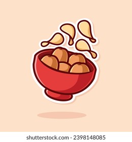 vector brown potato vegetable in a red bowl. cute cartoon icon isolated. For funny sticker. Flat illustration design style.