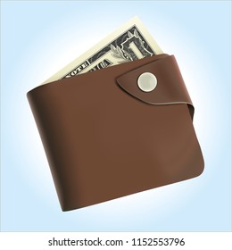 Vector brown purse wallet with one dollar on blue background.