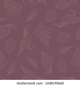 Vector Brown Quail Birds Pinecones Ferns Line Art on Purple Background Seamless Repeat Pattern. Background for textile, book covers, manufacturing, wallpapers, print, gift wrap and scrapbooking.