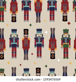 Vector brown seamless pattern background with soldiers and nutcrackers.
