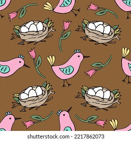 Vector brown seamless pattern with nest and pink birds. Hand drawn spring easter background