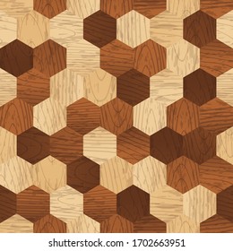 Vector Brown Seamless Pattern With Wooden Polygon Panels And Planks. Grunge Old Wood Texture Hexagon Tile Parquet Background 