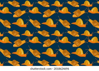 Vector of brown shaded cartoon snails pattern on dark blue color background. snails cartoon character.