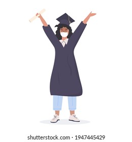 Vector Brown skin female graduate student raised arms up, demonstrate degree diploma. Smiling african, latino or asian academic woman in gown and cap wearing medical face mask isolated on white. 