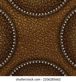 Vector brown square leather banner with round patches containing silver sequins along border.