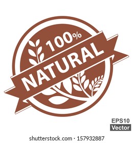 Vector : Brown Tag, Sticker, Label or Badge For Healthy Product or Product Information Present By 100 Percent and Natural Ribbon With Crop, Cereal or Grain Sign Isolated on White Background 