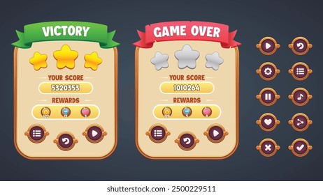 Vector brown theme deluxe game UI kit. Set of victory and gameover menu scene pop up, icons, and round buttons.