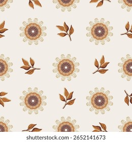 Vetor tema marrom Flores e folha Espalhadas em um padrão de fundo creme. Fundo para têxteis, cartões, fabricação, papéis de parede, impressão, papel de presente