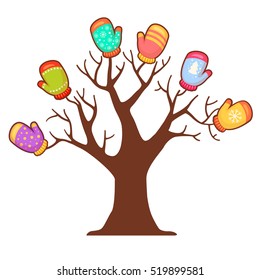 Vector brown tree with multicolored mittens on it. Cute christmas illustration. Bright cartoon x-mas poster. Element for a new year design. Warm winter tree. 