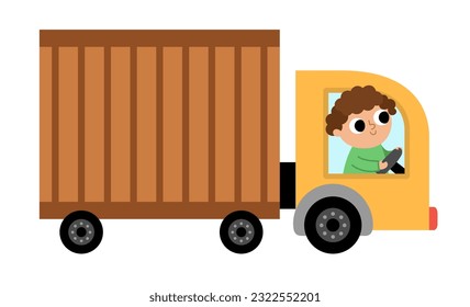 Vektor brauner LKW-Wagen mit Fahrer. Schönes Auto für Kinder. Clipkunst des Cute-Vehicle-Clips. Symbol für den LKW-Transport einzeln auf weißem Hintergrund
