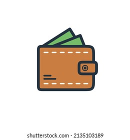Vektorbraune Brieftasche mit Banknoten. Symbol für die Brieftasche einzeln auf weißem Hintergrund. Online-Zahlungskonzept. Vektorgrafik