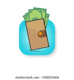 vector brown wallet with green paper dollars money on turquoise button background. finance mobile app or mobile banking icon design template