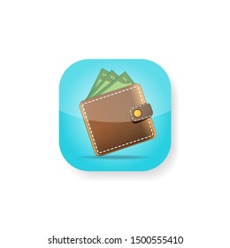 vector brown wallet with green paper dollars money on turquoise button background. finance mobile app or mobile banking icon design template