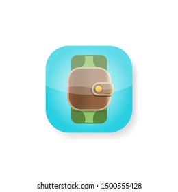 vector brown wallet with green paper dollars money on turquoise button background. finance mobile app or mobile banking icon design template