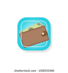 vector brown wallet with green paper dollars money on turquoise button background. finance mobile app or mobile banking icon design template