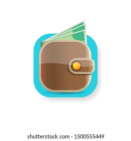 vector brown wallet with green paper dollars money on turquoise button background. finance mobile app or mobile banking icon design template