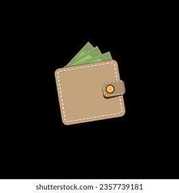 vector brown wallet with green paper dollars money isolated on black button background. finance mobile app or mobile banking icon, label and sign design template. Wallet with money top view