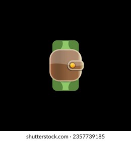 vector brown wallet with green paper dollars money isolated on black button background. finance mobile app or mobile banking icon, label and sign design template. Wallet with money top view