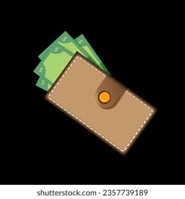 vector brown wallet with green paper dollars money isolated on black button background. finance mobile app or mobile banking icon, label and sign design template. Wallet with money top view