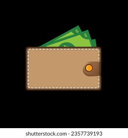 cartera marrón vectorial con dinero de papel verde aislado en fondo de botón negro. financia aplicaciones móviles o icono de banca móvil, etiqueta y plantilla de diseño de firmas. Cartera con vista superior de dinero