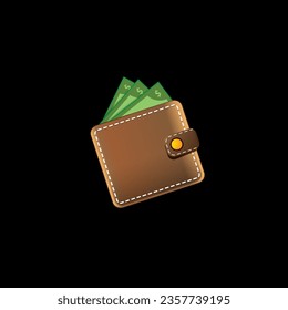 cartera marrón vectorial con dinero de papel verde aislado en fondo de botón negro. financia aplicaciones móviles o icono de banca móvil, etiqueta y plantilla de diseño de firmas. Cartera con vista superior de dinero