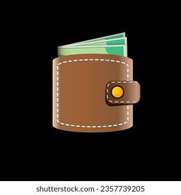 vector brown wallet with green paper dollars money isolated on black button background. finance mobile app or mobile banking icon, label and sign design template. Wallet with money top view